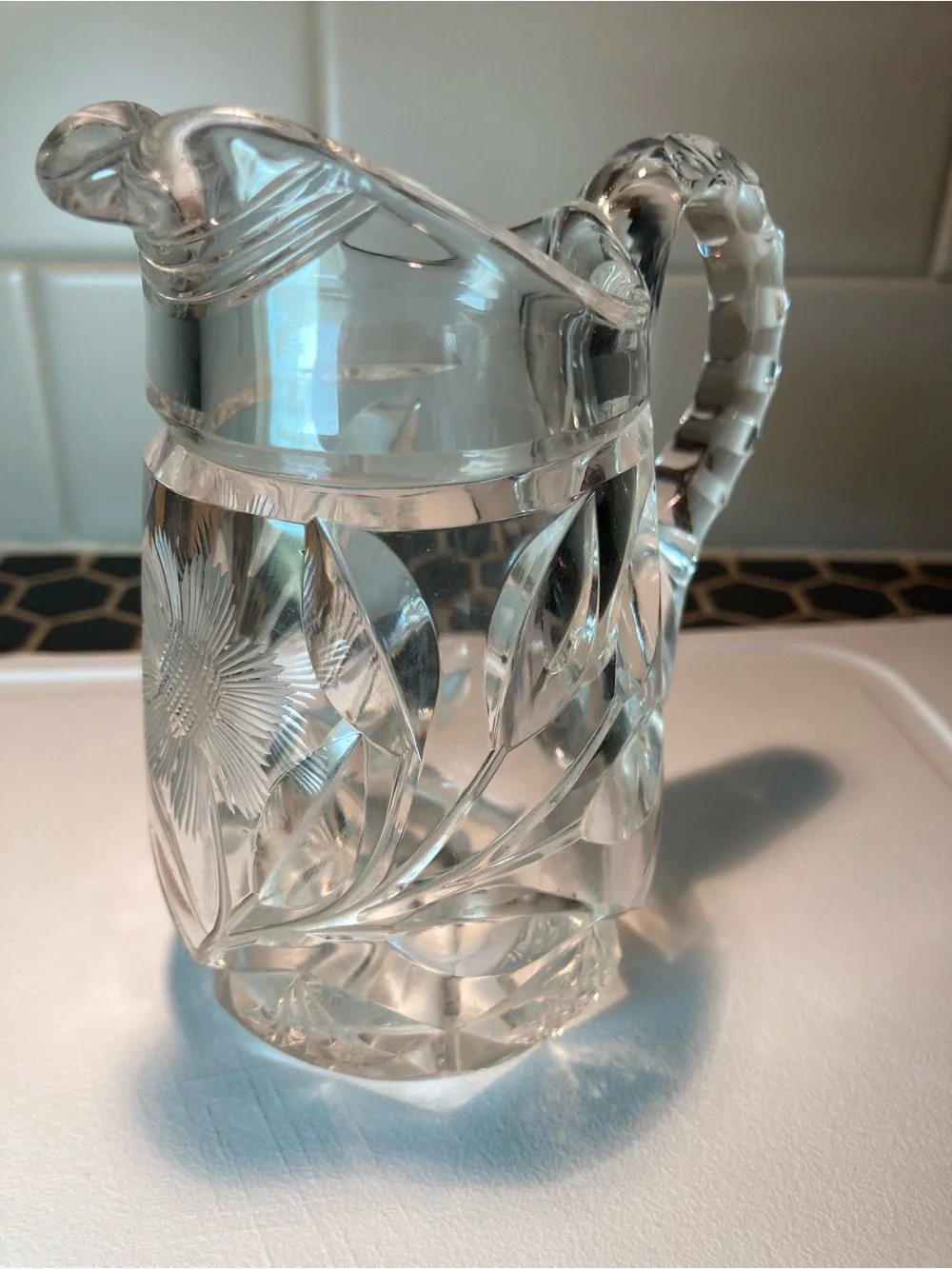 Antique 1900's Miniature Cut Crystal Floral Daisy pitcher jug